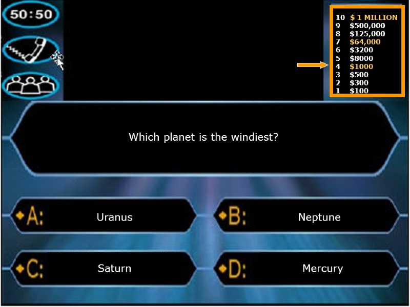 Which planet is the windiest? Uranus Mercury Neptune Saturn  10  $ 1